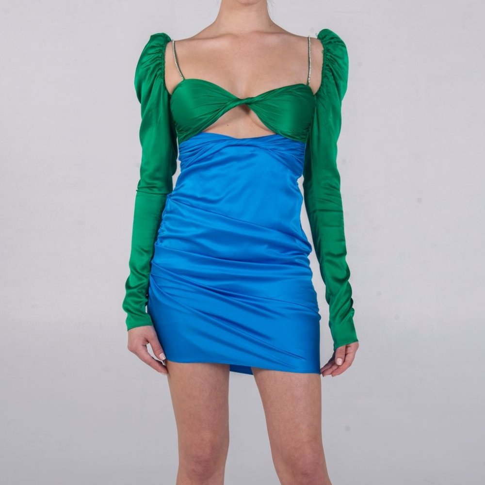THE BAR SILK TWIST DRESS EMERALD/COBALT